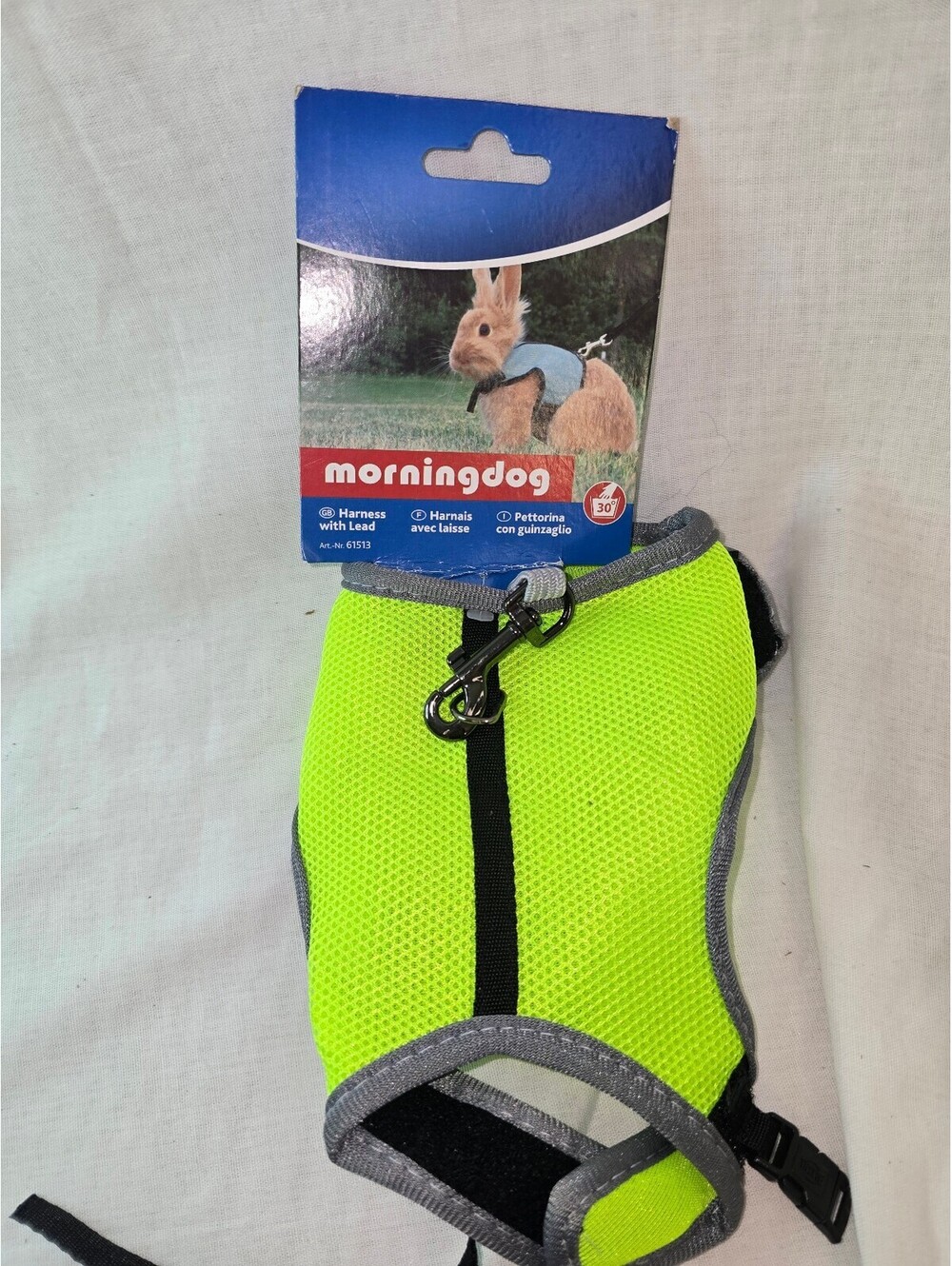 Morningdog Rabbit Harness & Leash Set Neon Green Reflective Mesh 25-32cm